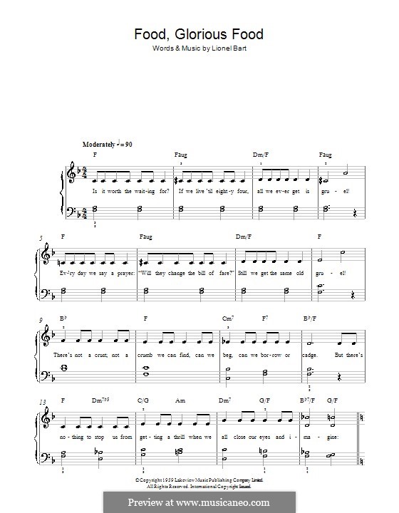 Food, Glorious Food (from Oliver!) by L. Bart sheet music on MusicaNeo