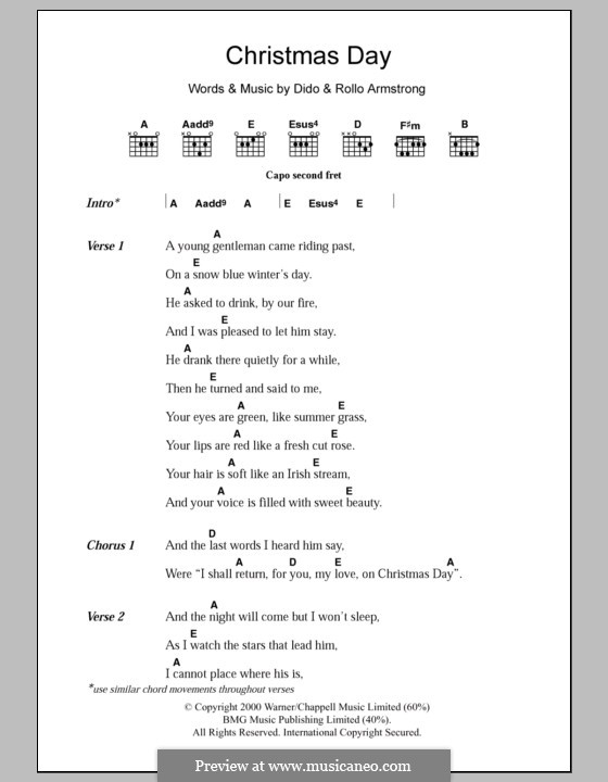 Christmas Day (Dido): Lyrics and chords by Dido Armstrong, Rollo Armstrong