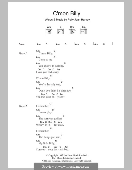 C'mon Billy: Lyrics and chords by Polly Jean Harvey