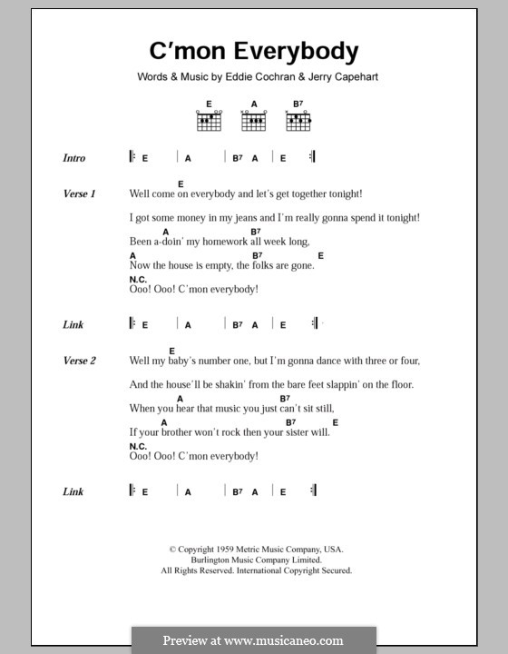 C'mon Everybody: Lyrics and chords by Eddie Cochran, Jerry Capehart