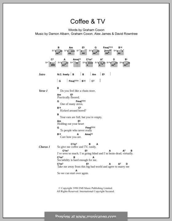 Coffee & TV (Blur): Lyrics and chords by Alex James, Damon Albarn, David Rowntree, Graham Coxon