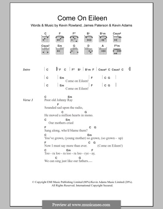 Come on Eileen (Dexy's Midnight Runners): Lyrics and chords by James Patterson, Kevin Adams, Kevin Rowland