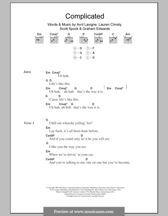 Complicated: Lyrics and chords by Avril Lavigne, Graham Edwards, Lauren Christy, Scott Spock