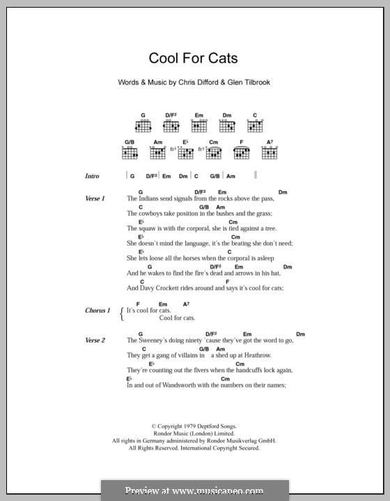 Cool for Cats (Squeeze): Lyrics and chords by Christopher Difford, Glenn Tilbrook