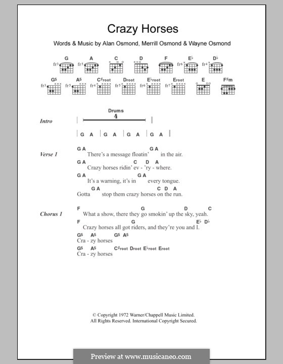 Crazy Horses (The Osmonds): Lyrics and chords by Alan Osmond, Merrill Osmond, Wayne Osmond