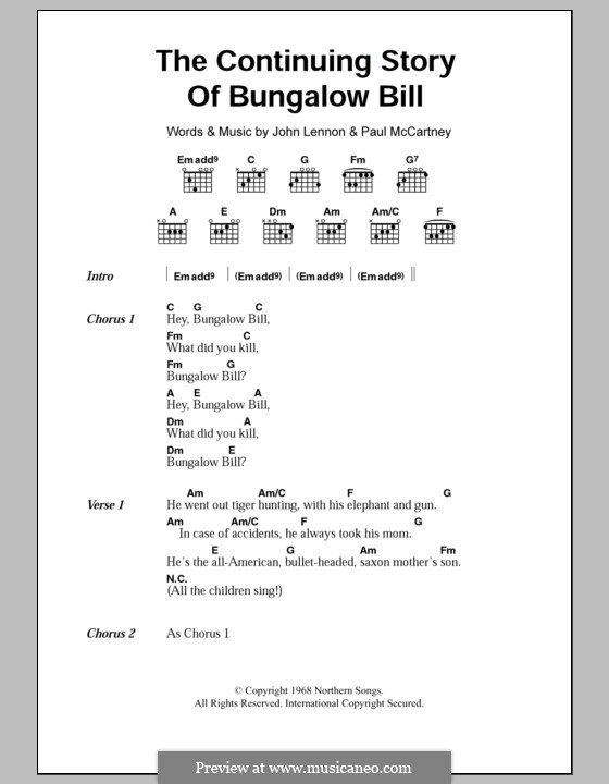 The Continuing Story of Bungalow Bill (The Beatles): Lyrics and chords by John Lennon, Paul McCartney