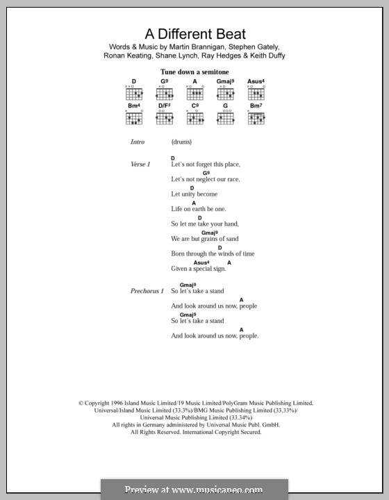 A Different Beat (Boyzone): Lyrics and chords by Keith Duffy, Martin Brannigan, Raymond Hedges, Ronan Keating, Shane Lynch, Stephen Gately