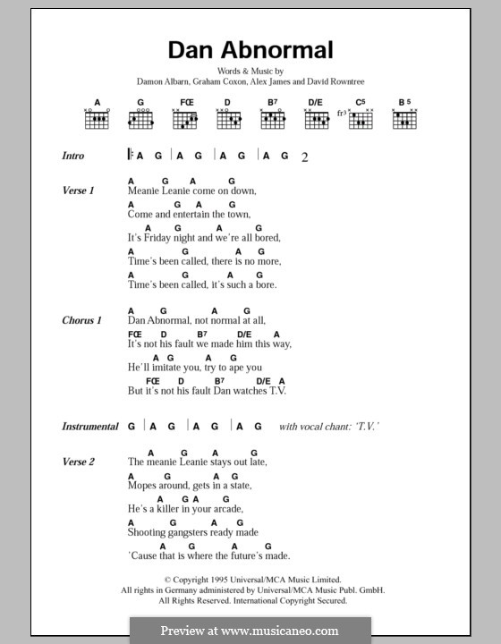 Dan Abnormal (Blur): Lyrics and chords by Alex James, Damon Albarn, David Rowntree, Graham Coxon