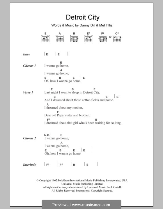 Detroit City (Bobby Bare): Lyrics and chords by Danny Dill, Mel Tillis