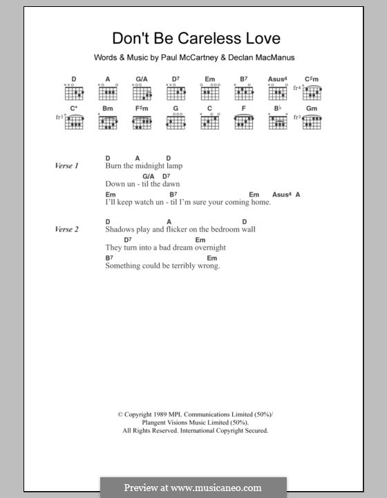 Don't Be Careless Love: Lyrics and chords by Declan Macmanus, Paul McCartney