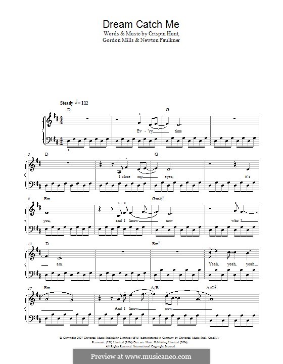 Dream Catch Me: For easy piano by Crispin Hunt, Gordon Mills, Newton Faulkner
