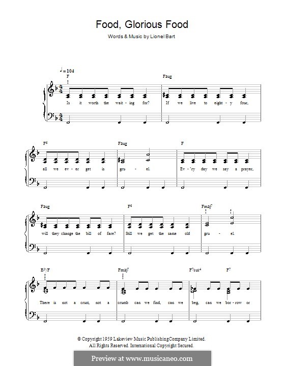 Food, Glorious Food (from Oliver!) by L. Bart sheet music on MusicaNeo