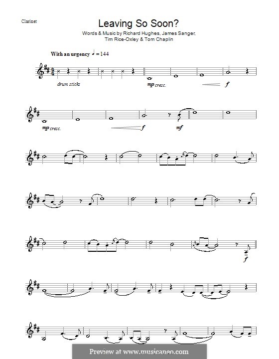 Leaving So Soon? (Keane): For clarinet by James Sanger, Richard Hughes, Tim Rice-Oxley, Tom Chaplin