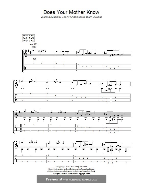 Does Your Mother Know (ABBA): For guitar by Benny Andersson, Björn Ulvaeus