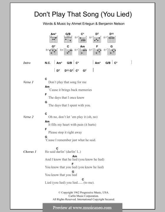 Don't Play That Song (You Lied): Lyrics and chords (Aretha Franklin) by Ahmet Ertegun, Benjamin Nelson