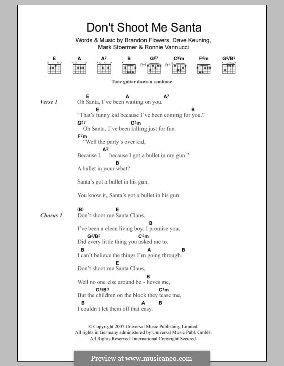 Don't Shoot Me Santa (The Killers): Lyrics and chords by Brandon Flowers, Dave Keuning, Mark Stoermer, Ronnie Vannucci