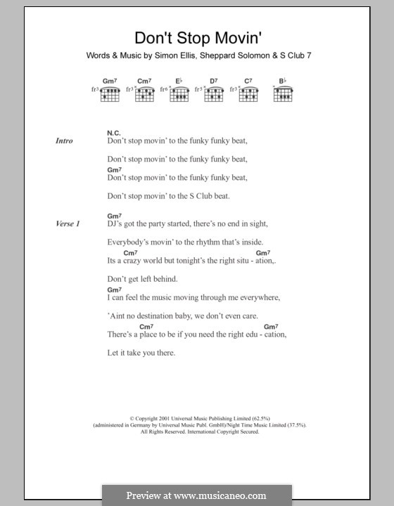 Don't Stop Movin': Lyrics and chords by S Club 7, Sheppard Solomon, Simon Ellis