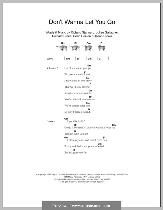 Don't Wanna Let You Go (Five): Lyrics and chords by Jason Brown, Julian Gallagher, Richard Breen, Richard Stannard, Sean Conlon