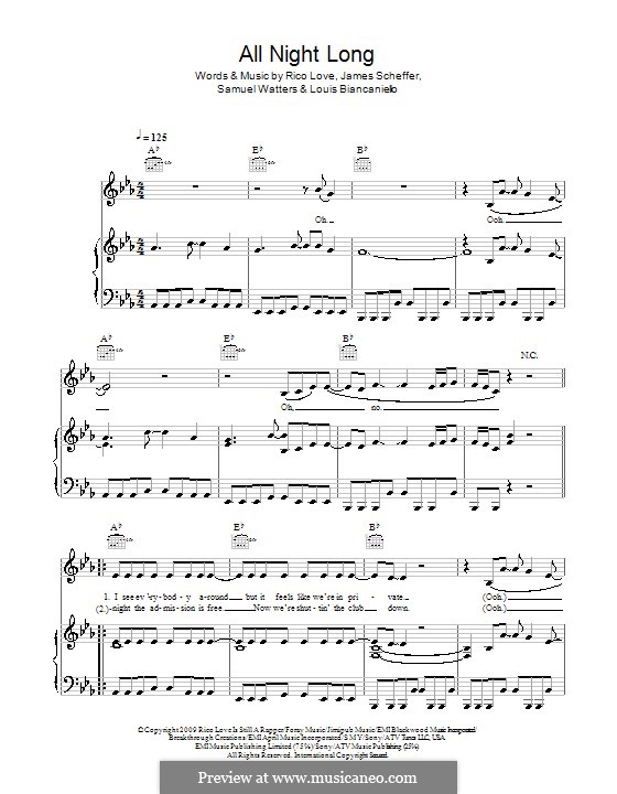 All Night Long (Alexandra Burke): For voice and piano (or guitar) by James Scheffer, Louis Biancaniello, Rico Love, Samuel Watters