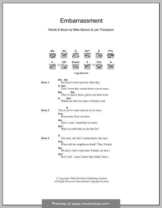 Embarrassment (Madness): Lyrics and chords by Lee Thompson, Mike Barson