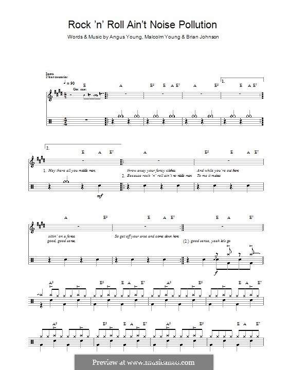 Rock and Roll Ain't Noise Pollution (AC/DC): For drums by Angus Young, Brian Johnson, Malcolm Young