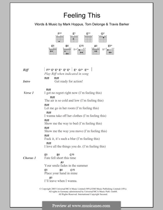 Feeling This (Blink-182): Lyrics and chords by Mark Hoppus, Tom DeLonge, Travis Barker