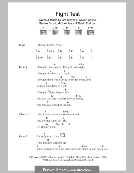 Fight Test (The Flaming Lips): Lyrics and chords by Cat Stevens, David Friedman, Michael Ivans, Steven Drozd, Wayne Coyne