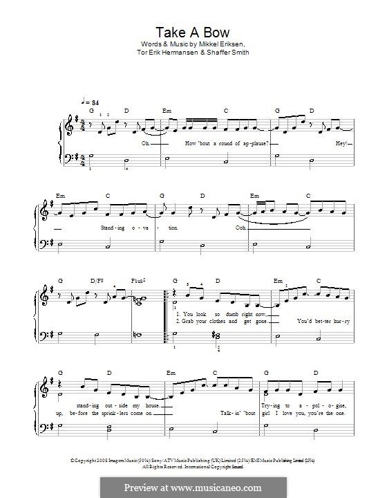 Take a Bow (Rihanna): For easy piano (G Major) by Mikkel Storleer Eriksen, Ne-Yo, Tor Erik Hermansen