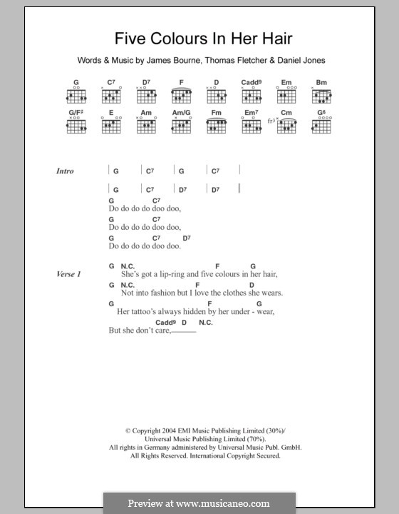 Five Colours in Her Hair (McFly): Lyrics and chords by Tom Fletcher, Danny Jones, James Bourne