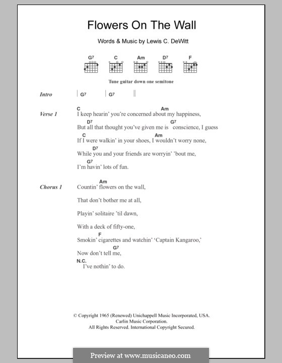 Flowers on the Wall (from Pulp Fiction): Lyrics and chords (The Statler Brothers) by Lewis C. Dewitt