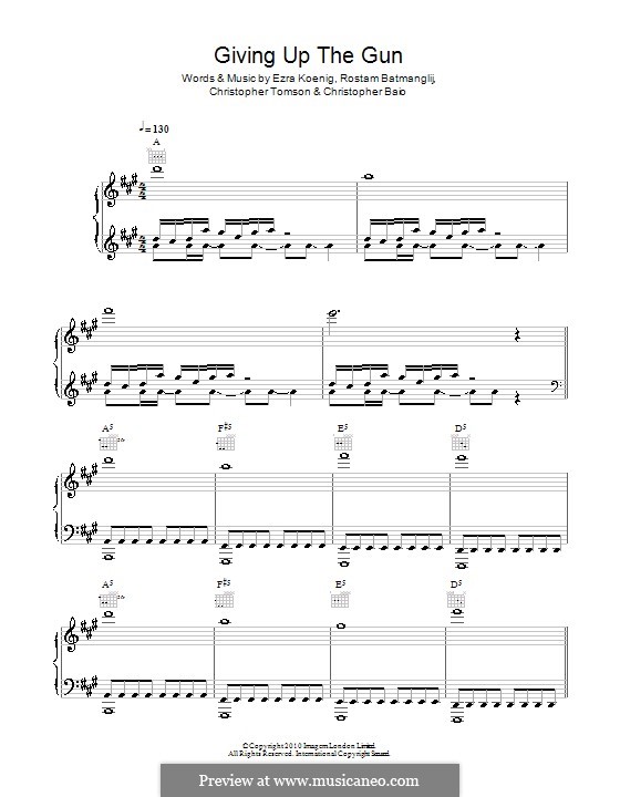 Giving Up the Gun (Vampire Weekend): For voice and piano (or guitar) by Chris Baio, Christopher Tomson, Ezra Koenig, Rostam Batmanglij