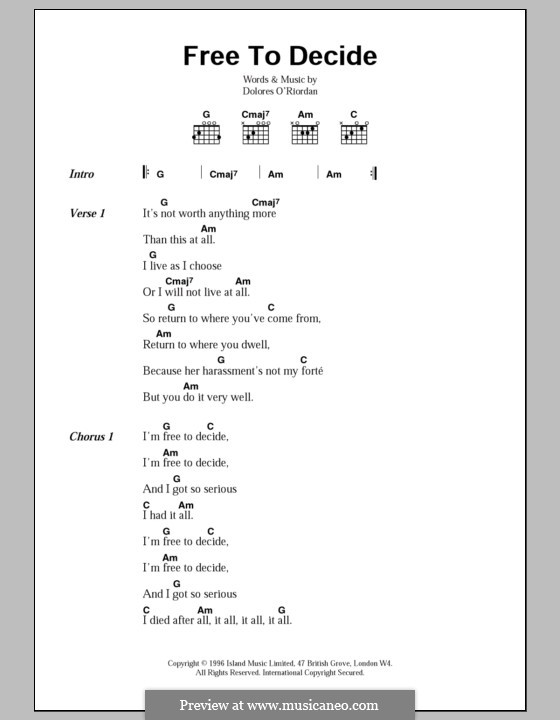 Free to Decide (The Cranberries): Lyrics and chords by Dolores O'Riordan