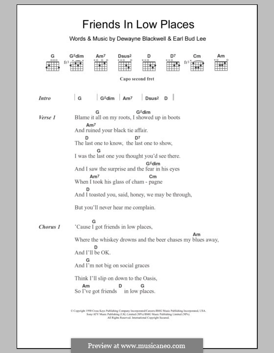 Friends in Low Places (Garth Brooks): Lyrics and chords by Dewayne Blackwell, Earl Bud Lee