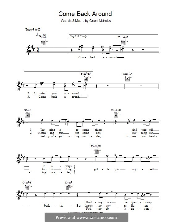 Come Back Around (Feeder): Melody line, lyrics and chords by Grant Nicholas