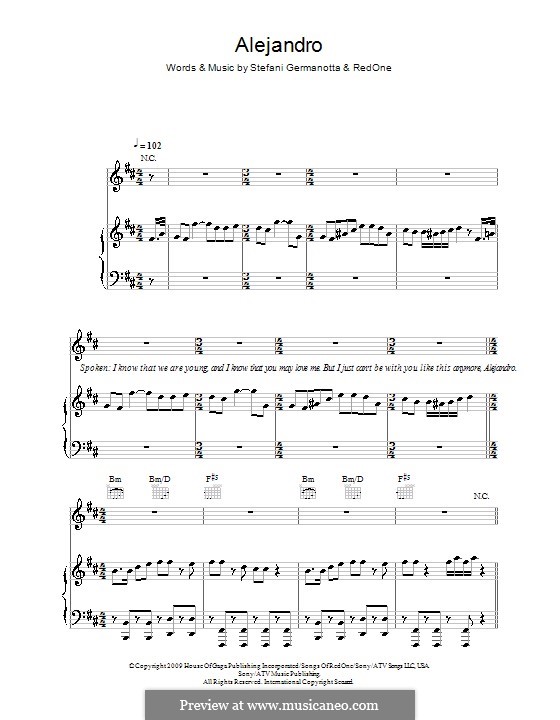 Alejandro (Lady Gaga): For voice and piano (or guitar) by RedOne, Stefani Germanotta