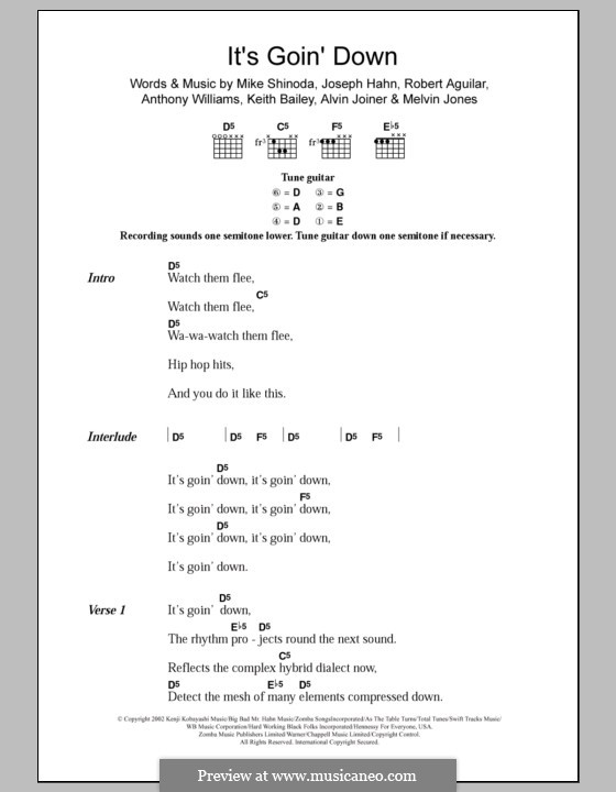 It's Goin' Down (X-Ecutioners): Lyrics and chords by Alvin Joiner, Anthony Williams II, Joseph Hahn, Keith Bailey, Melvin Jones, Mike Shinoda, Robert Aguilar