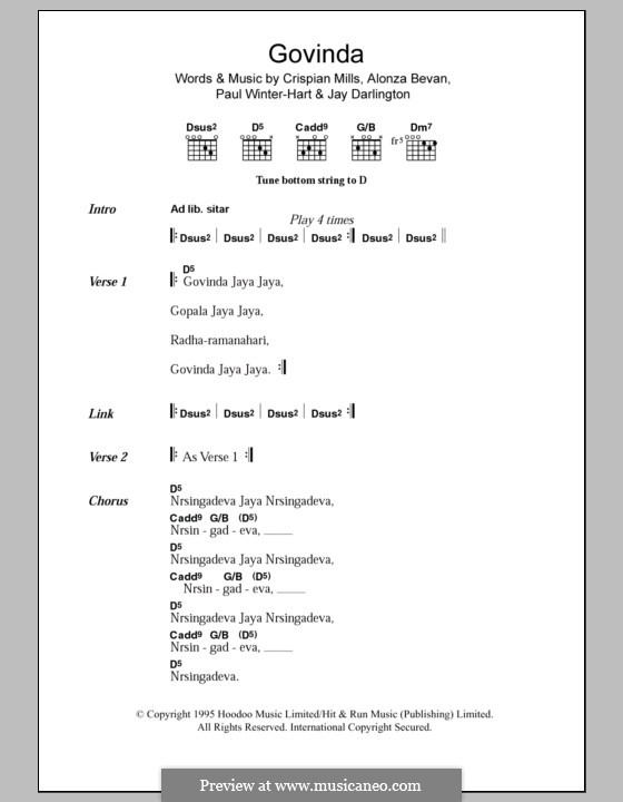 Govinda (Kula Shaker): Lyrics and chords by Alonza Bevan, Crispian Mills, Jay Darlington, Paul Winter-Hart