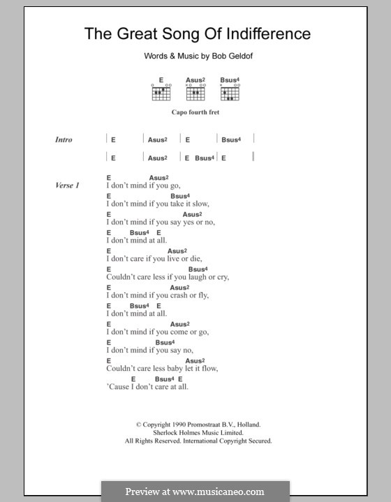 The Great Song of Indifference: Lyrics and chords by Bob Geldof