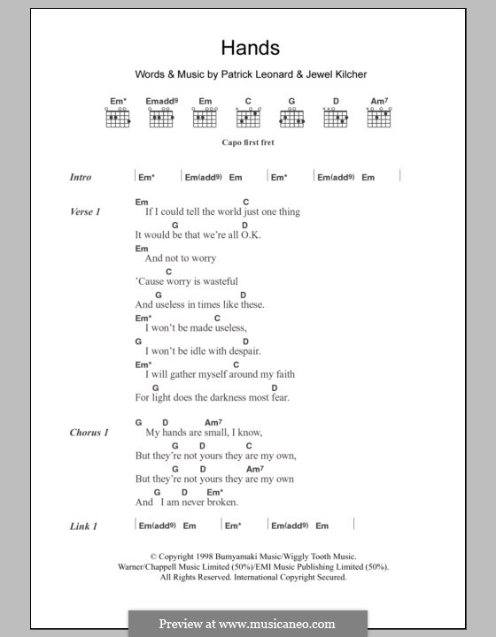 Hands (Jewel): Lyrics and chords by Jewel Kilcher, Patrick Leonard