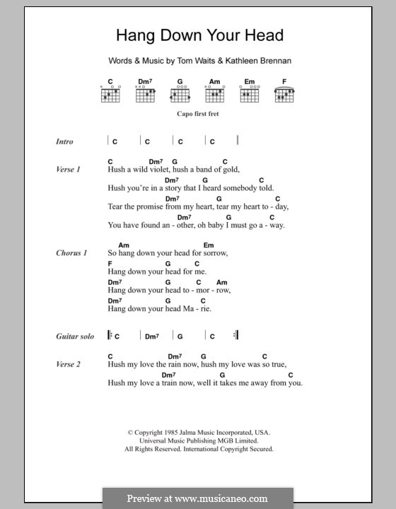 Hang Down Your Head: Lyrics and chords by Kathleen Brennan, Tom Waits