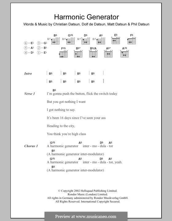 Harmonic Generator (The Datsuns): Lyrics and chords by Christian Datsun, Dolf De Datsun, Matt Datsun, Phil Datsun