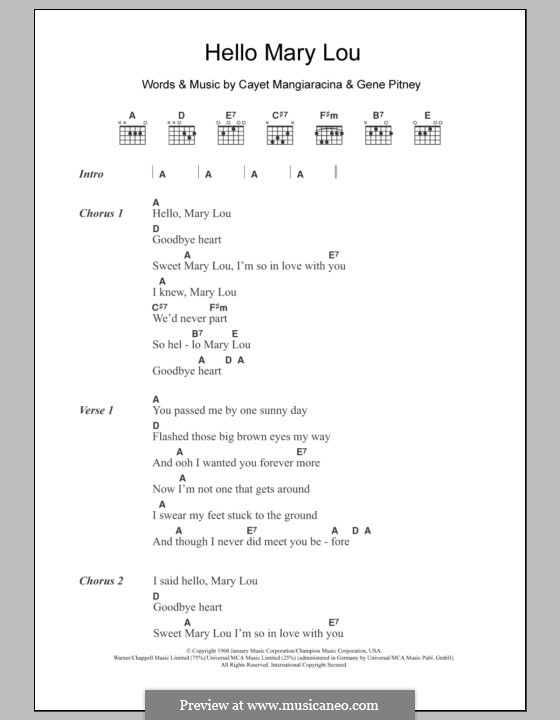 Hello Mary Lou (Ricky Nelson): Lyrics and chords by Cayet Mangiaracina, Gene Pitney