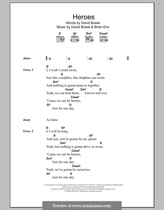 Heroes by B. Eno, D. Bowie sheet music on MusicaNeo