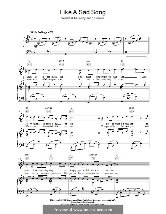 Like a Sad Song: For voice and piano (or guitar) by John Denver