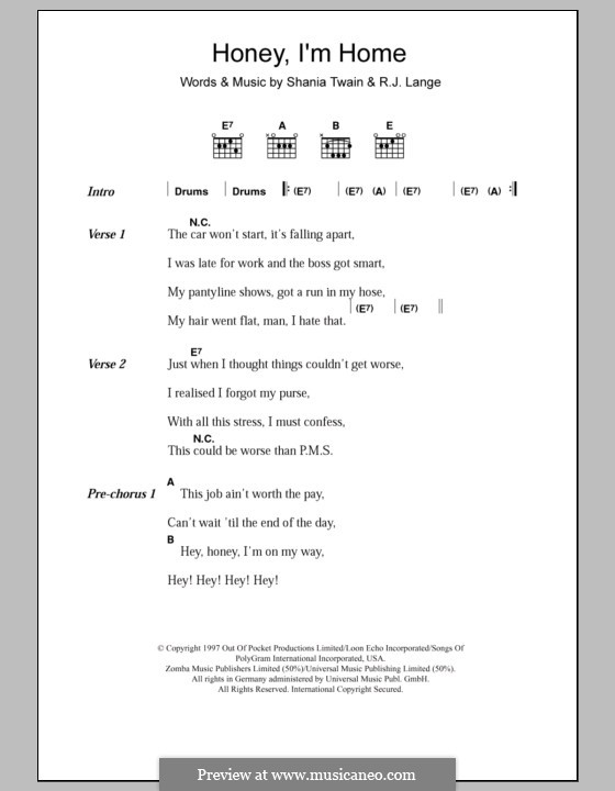 Honey, I'm Home: Lyrics and chords by Robert John Lange, Shania Twain