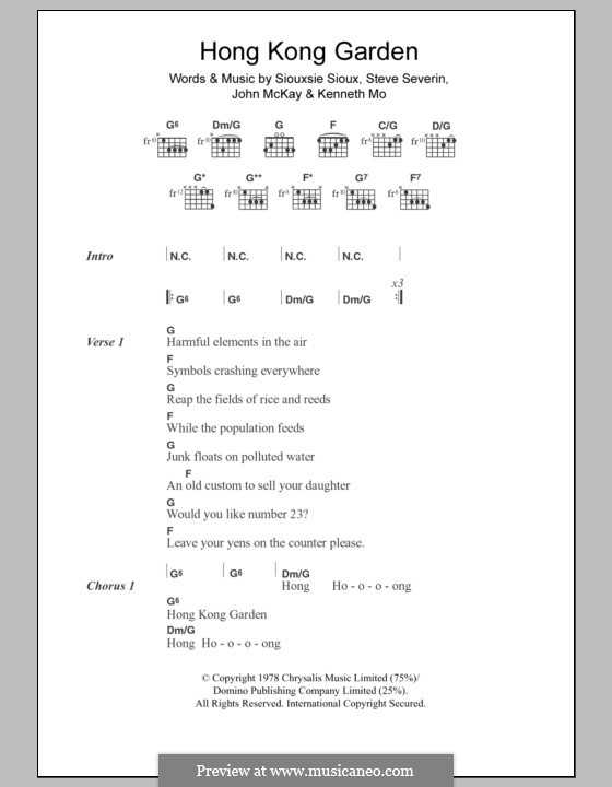 Hong Kong Garden (Siouxsie & The Banshees): Lyrics and chords by John McKay, Kenneth Morris, Siouxsie Sioux, Steve Severin