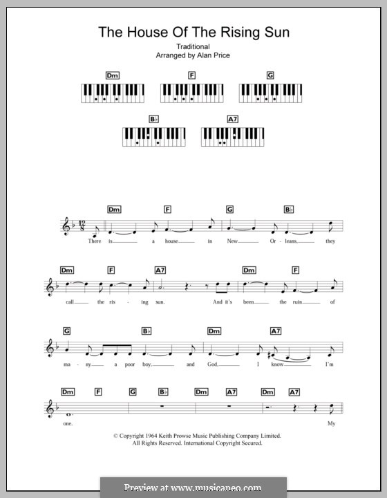 House Of The Rising Sun sheet music for guitar (chords) (PDF)