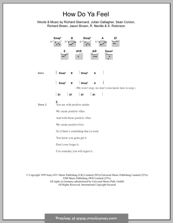 How Do Ya Feel (Five): Lyrics and chords by Jason Brown, Julian Gallagher, Richard Neville, Richard Breen, Richard Stannard, S. Robinson, Sean Conlon