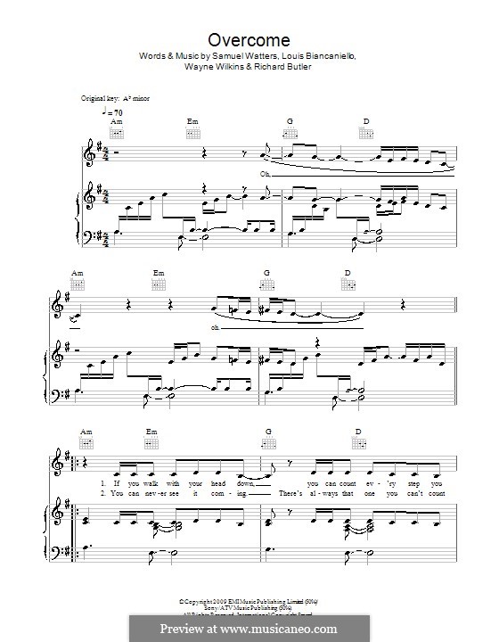 Overcome (Alexandra Burke): For voice and piano (or guitar) by Louis Biancaniello, Rico Love, Samuel Watters, Wayne Wilkins