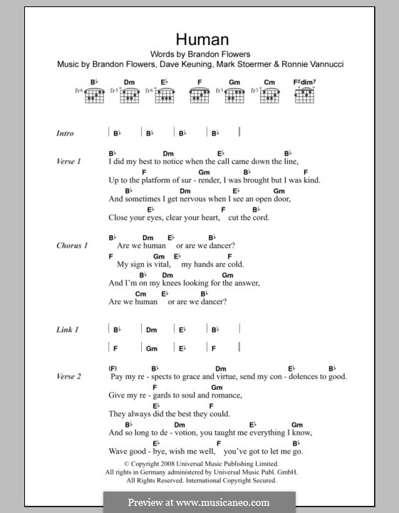 Human (The Killers): Lyrics and chords by Brandon Flowers, Dave Keuning, Mark Stoermer, Ronnie Vannucci